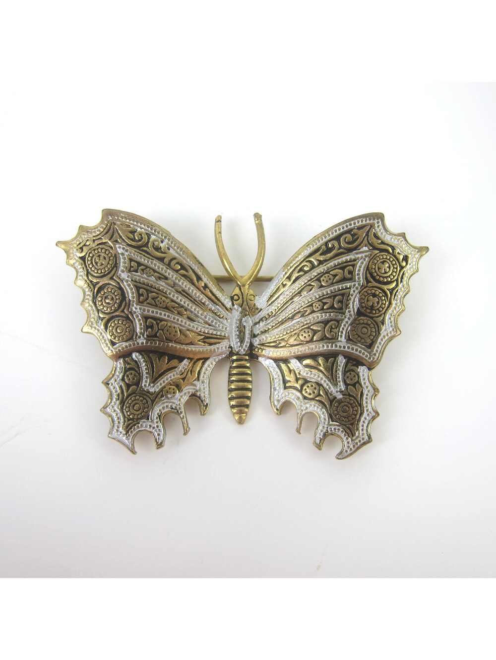 Vintage Damascene Butterfly Pin Brooch Brass Silver tone Black Enamel Spain 1.8"
